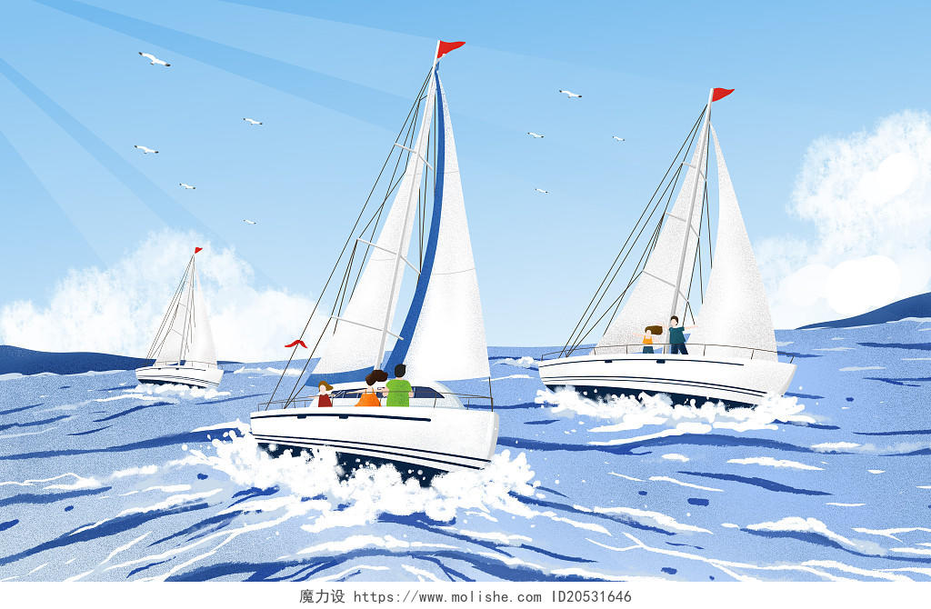 手绘航海帆船原创插画扁平帆船插画